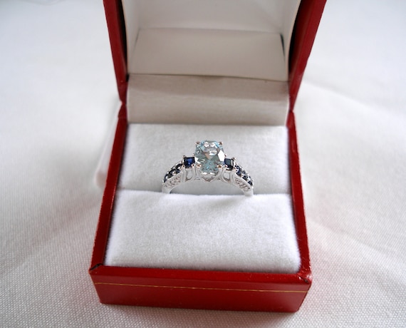 1.65 Ct. Aquamarine Solitaire with Sapphire & Diamond  10k White Gold Ring