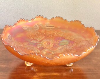 Vintage Fenton Marigold Carnival Depression Glass Windmill & Flowers Ruffled 3-Footed Bowl 1920s 1930s Antique Orange Gold Iridescent Bowl