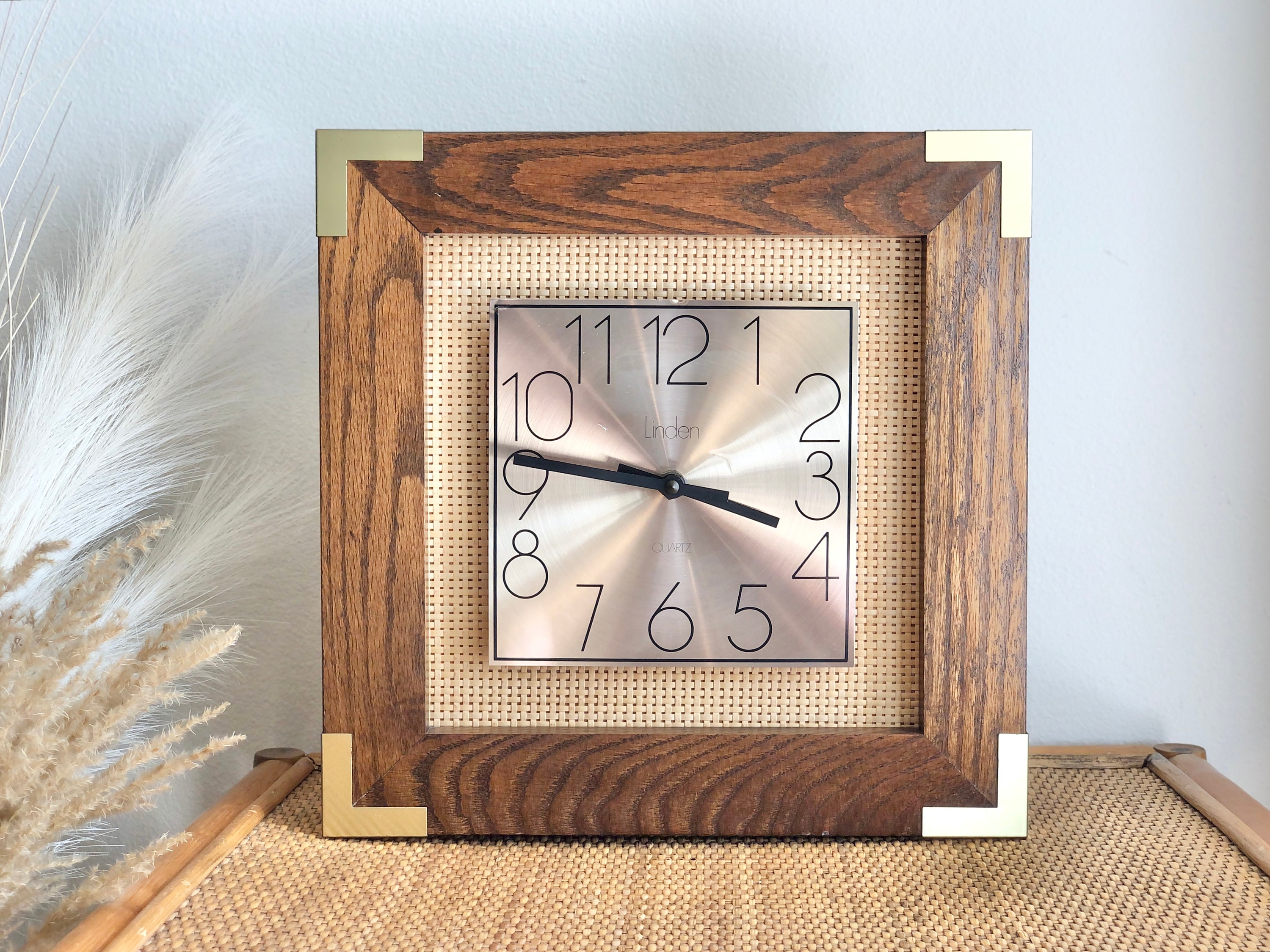 Linden Mid Century Modern Wood Cane & Brass Square Quartz