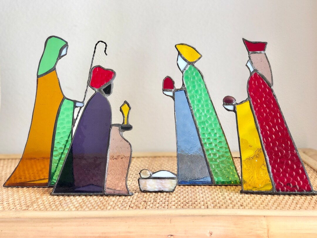 Vintage Stained Glass Nativity Set Set 5 Piece Christmas Etsy