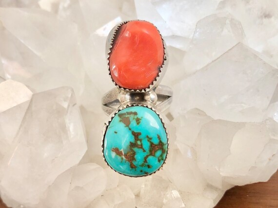 Vintage Turquoise & Coral Sterling Silver Double … - image 3