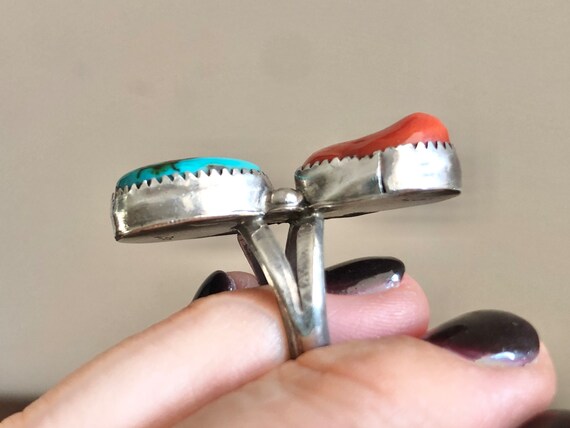 Vintage Turquoise & Coral Sterling Silver Double … - image 6