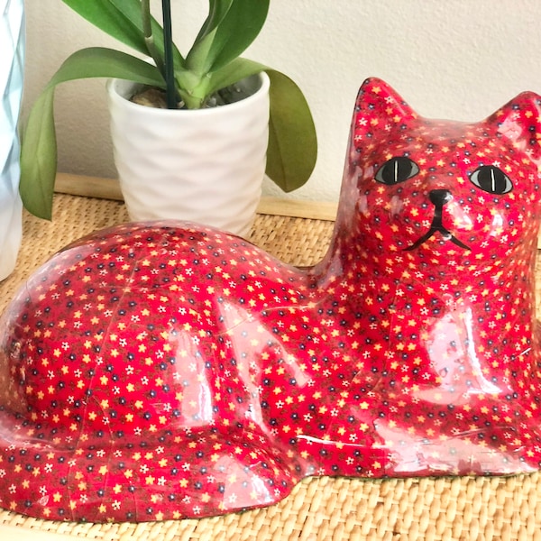 Retro Kitsch Red Cat Figurine Sculpture Door Stopper Floral Statue Cloth Decoupage Vintage Midcentury MCM Gift Boho Flowers Farmhouse Rustic