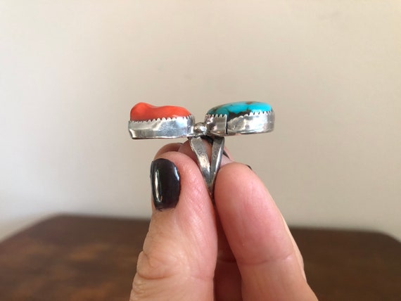 Vintage Turquoise & Coral Sterling Silver Double … - image 7