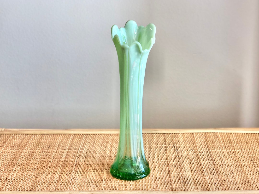 Green Vaseline Glass Ribbed Swung Vase Vintage 1960s Retro Collectible Cool Unique Gift Jadeite