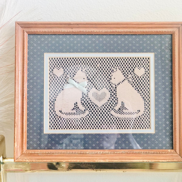 Vintage Lace Cats Heart Framed Art Cottage Wall Decor | Crochet Cat Hearts Gift | Cottage Core Cottagecore Kitsch 1970s 1980s 70s Country