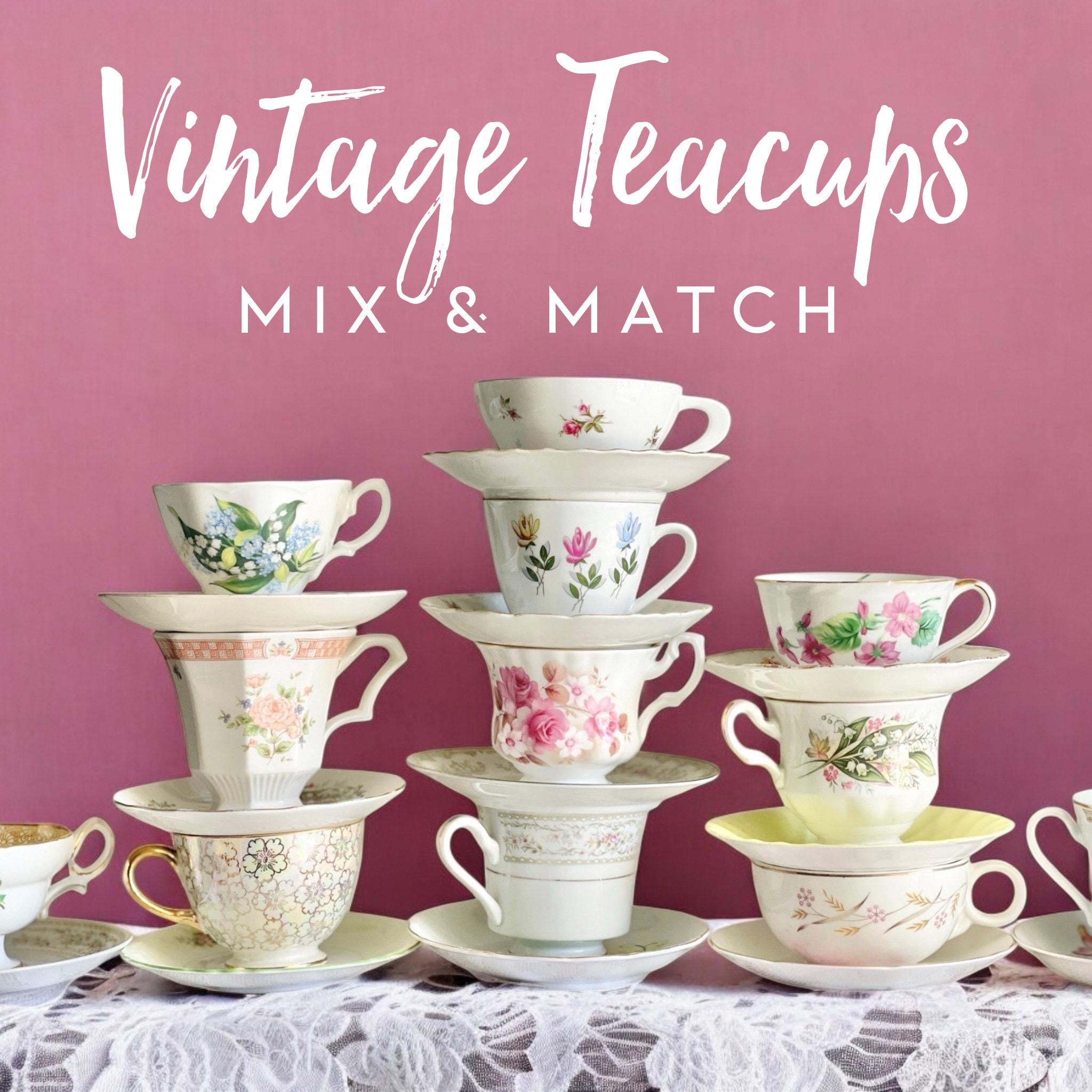 Vintage Teacups & Saucers Mix Mismatched | Garden Tea Party Bridal Baby Shower Luncheon | Romantic Floral Cottagecore French Country Decor