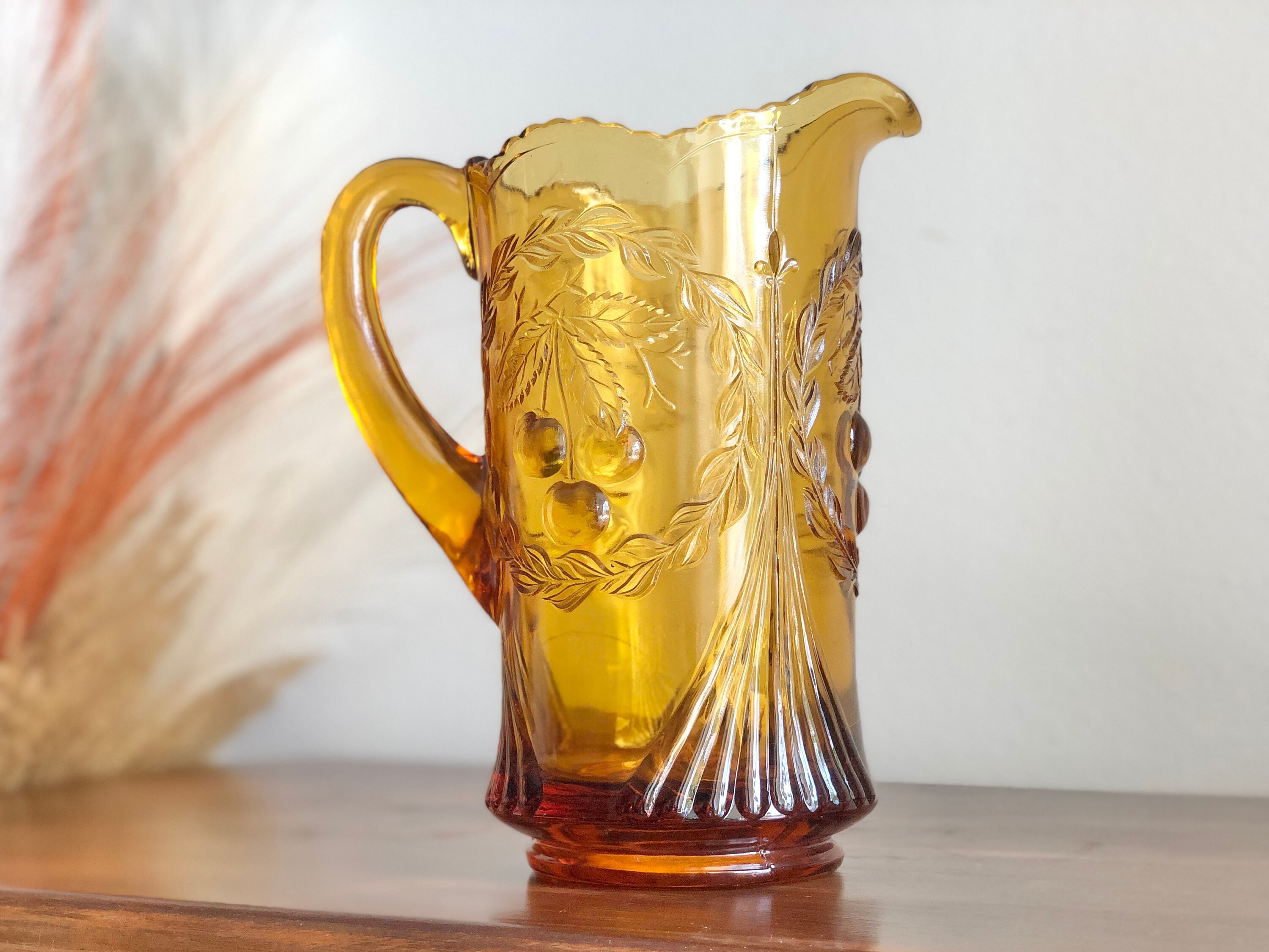 Vintage LG Wright Amber Gold Cherry Wreath Glass Pitcher