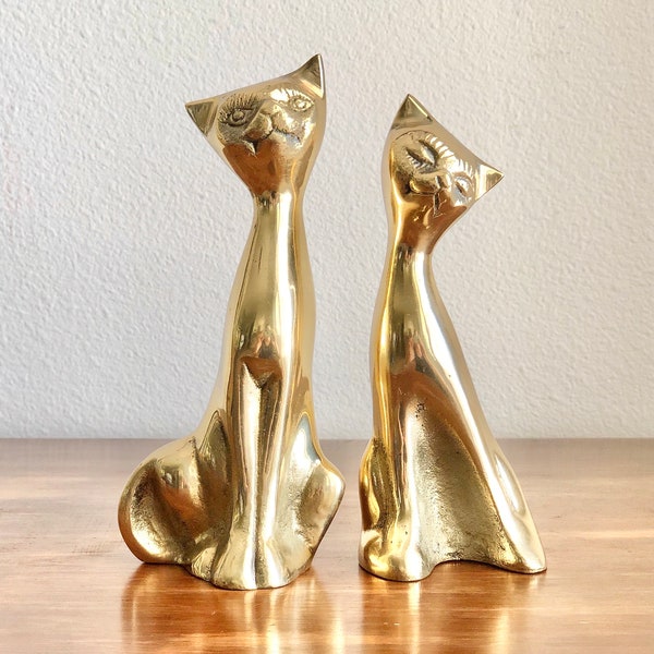 Pair of Solid Brass MCM Cat Figurines Midcentury Modern | 1950s 1960s MCM Mid-Century Vintage Retro Cats | Bookends Book Ends | Decor Gift