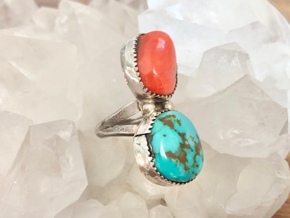 Vintage Turquoise & Coral Sterling Silver Double … - image 4