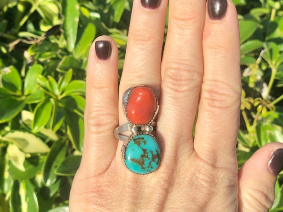 Vintage Turquoise & Coral Sterling Silver Double … - image 2