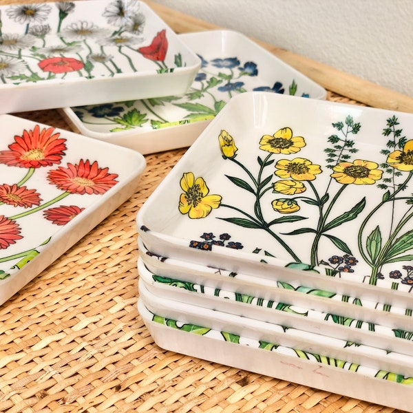 Set of 8 Vintage Melamine Mebel Floral Snack Trays | Housewarming Hostess Gift | 1960s 1970s |Trinket Dish | Retro Flowers | Midcentury MCM