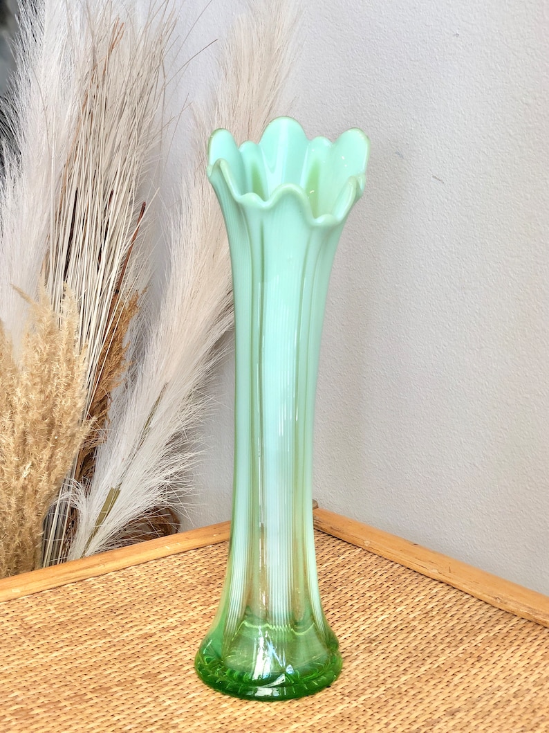 Green Vaseline Glass Ribbed Swung Vase Vintage 1960s Retro Collectible Cool Unique Gift Jadeite