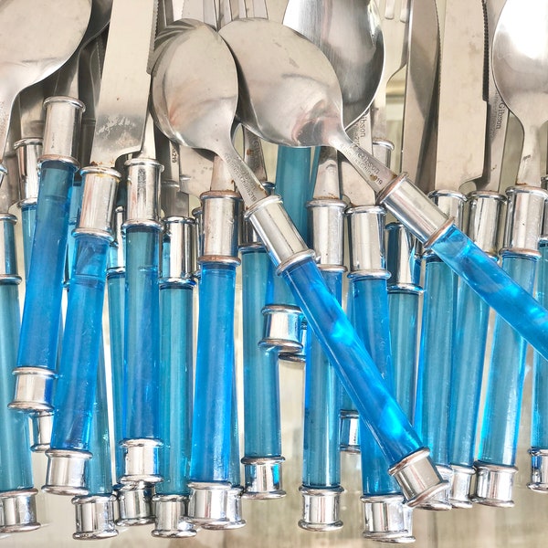 26-Piece Vintage Gibson Blue Lucite Acrylic Silverware Flatware Forks Spoons Knives Utensils Retro 1970s 1980s MCM Eclectic Unique Gift