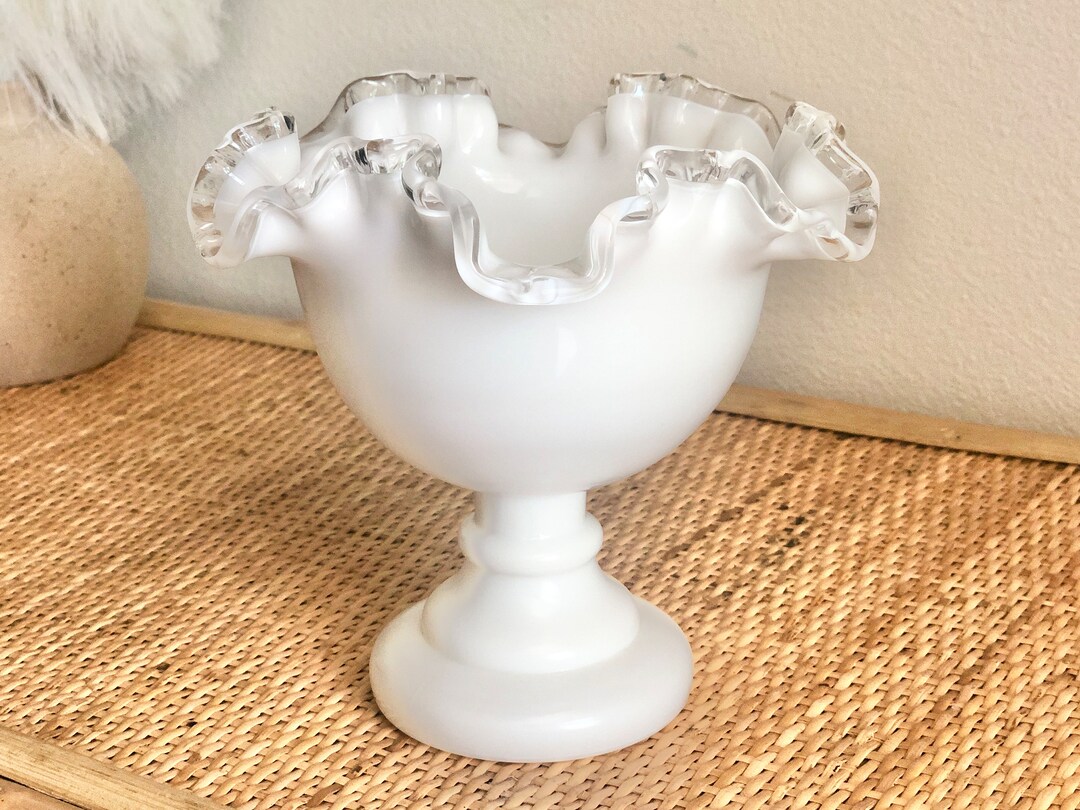 Fenton Silvercrest White Milk Glass Ruffled Candy Dish Footed Compote
