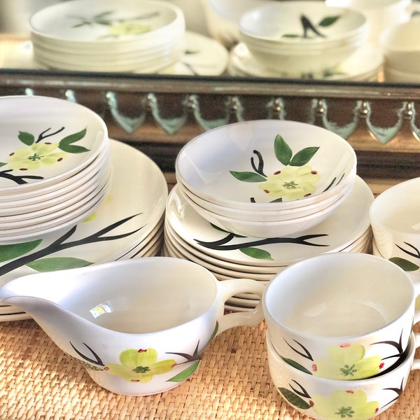 Joni Dixie Dogwood Hand Painted Midcentury Floral China Dishes Set 29 Pieces Plates Bowls Cups Saucer Creamer Gravy Boat MCM Vintage