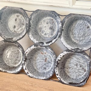 French Country Antique Graniteware Gray Enamelware Cast Iron Muffin Pan Speckled Farmhouse Cottage Country Kitchen Decor Gift Splatterware