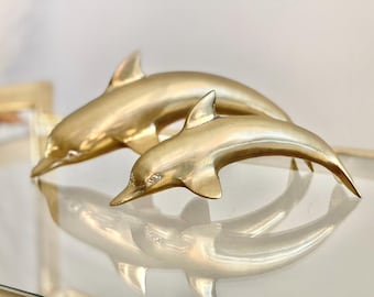 Vintage Brass Dolphin Pair Mother Father and Baby | Gift for Parent | Midcentury Decor MCM Retro Gold Bronze | Cottagecore Coastal Nautical