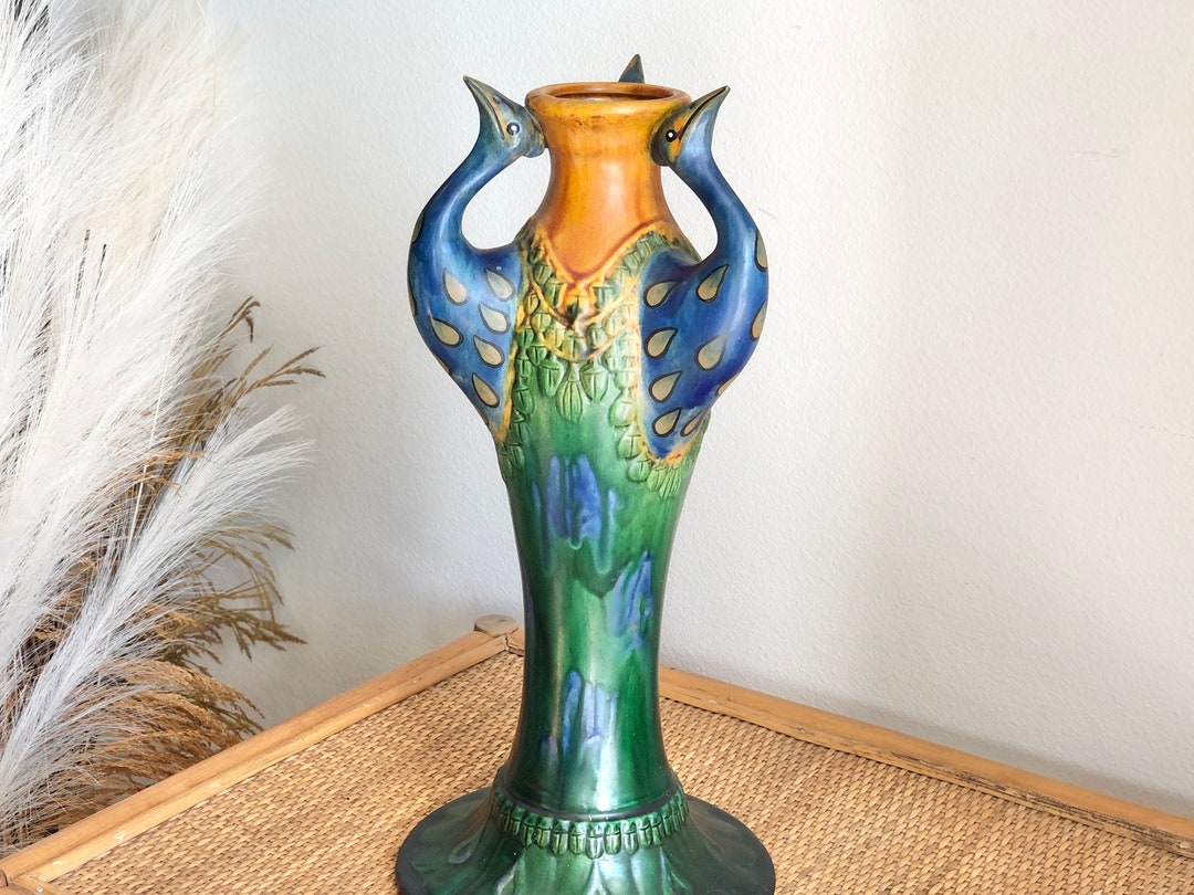 Antique Majolica Peacock Vase Vintage 1930s 1940s Pottery - Etsy