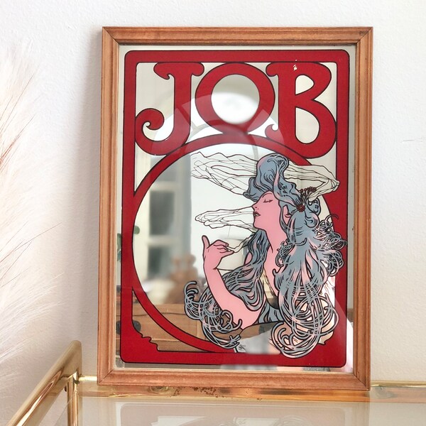 Framed Vintage Art Nouveaux JOB Cigarette Rolling Papers Advertisement Mirror Alphonse Mucha Ad Memorabilia 420 Decor Retro Gift