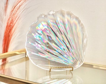 Vintage Iridescent Glass Seashell Serving Platter: Beach Coastal Kitchen Decor