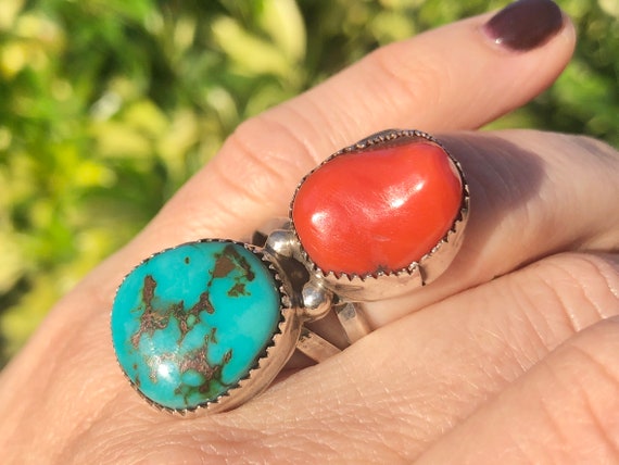 Vintage Turquoise & Coral Sterling Silver Double … - image 1