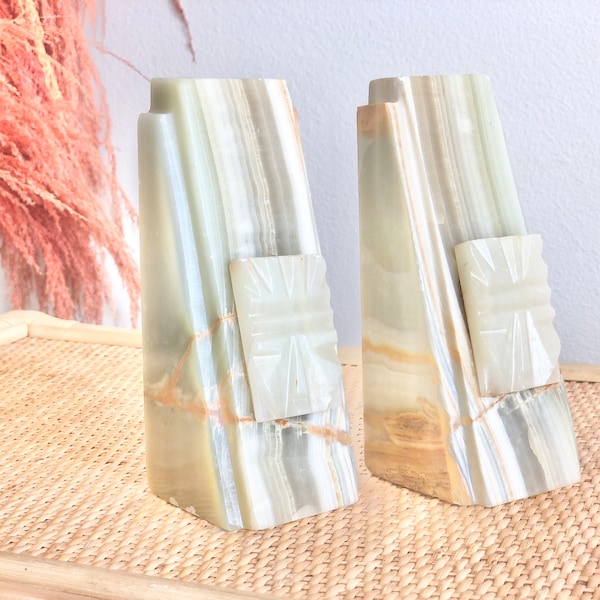 Vintage Marble White Striped Onyx Stone Tribal Aztec Bookends Book Ends Unique Gift Ideas Midcentury MCM Academia Library Mayan Boho Decor