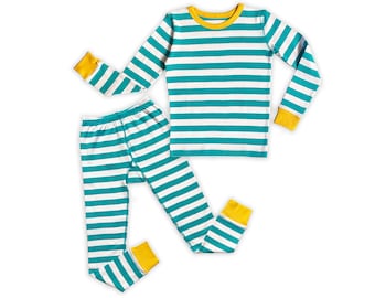 Boys and Girls 100% Organic Cotton & Fair Trade Certified Teal and White Stripe Pajamas