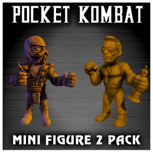 May include: A two-pack of mini figures, one wearing a mask and the other wearing sunglasses, both in a mustard yellow color. The text "POCKET KOMBAT" and "MINI FIGURE 2 PACK" are displayed in white block letters.