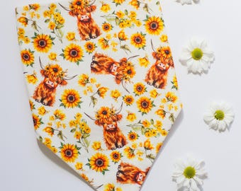 Highland Cow Sunflowers Pet Bandana | Dog & Cat Accessory | Scottish Summer