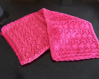 Baby blanket / lap blanket, hand knitted in pink with heart detail