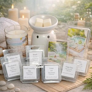 May include: A collection of spa-themed aromatherapy products. Includes a white ceramic wax warmer, scented wax melts, a candle, and various wax melt packages with labels like "Eucalyptus Mint" and "Aqua Spa". The scene is lit by soft candlelight.