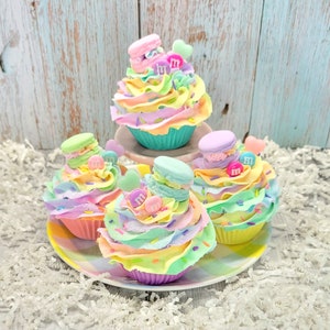Decadent Macaron Cupcake Faux Cupcake with Colorful Round Chocolate Candies