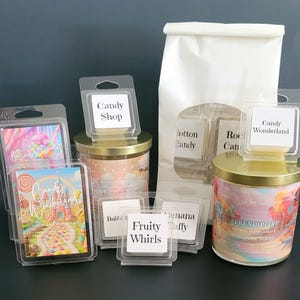 Complete candy wax melt sampler featuring cotton candy, bubblegum and candy corn scents.