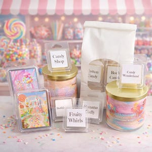 May include: A collection of scented wax melts and candles with a candy theme. The wax melts are in clear plastic packaging with labels like "Candy Shop" and "Fruity Whirls." The candles are in decorative jars with gold lids. The background is a candy shop.