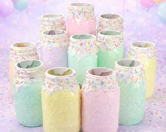 Pastel Sprinkle Jars, Candyland Party Decor, Baby Shower Centerpieces, Ice Cream Party, Confetti Cake Jar, Sweet Shop Birthday Decor