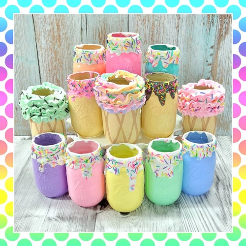 Sweet Collection painted glass jars pint size in fake donut and ice cream confetti cake candy party décor design