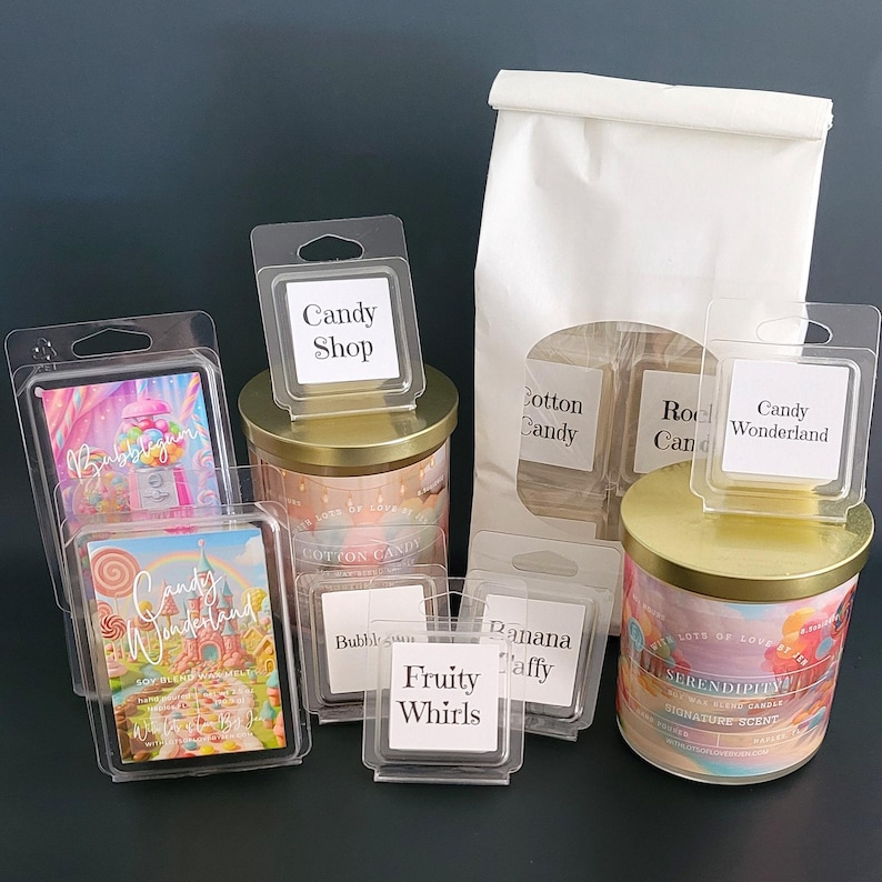 Candy shop wax melt collection with sweet nostalgic fragrances.