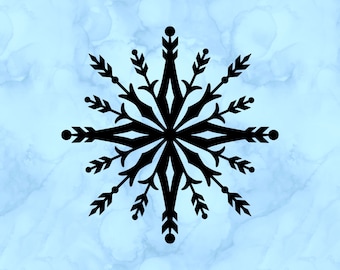 May include: A black snowflake with intricate details against a light blue watercolor background.