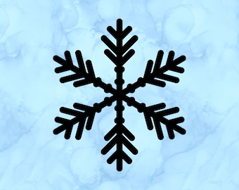 May include: Black snowflake design on a light blue background. The snowflake has six symmetrical arms, each with three points. The background has a watercolor effect with shades of blue and white.