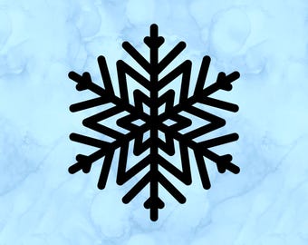 May include: A black snowflake design on a light blue background. The snowflake is a symmetrical, six-pointed star shape with intricate geometric patterns. The background has a watercolor-like texture with shades of blue and white.