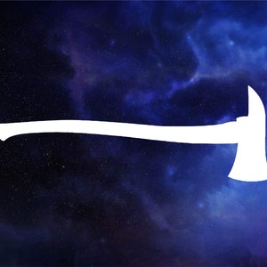 May include: A white silhouette of a firefighter's axe against a dark blue background with white stars.