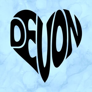 May include: Black heart-shaped graphic with the name "DEVON" in bold, stylized letters. The heart is set against a light blue, marbled background, creating a visually striking design.