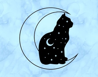 May include: Black silhouette of a cat sitting on a crescent moon, with stars inside the cat's body. The moon and cat are outlined in black. The background is a light blue watercolor wash.