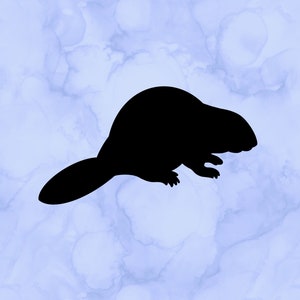 May include: Silhouette of a beaver against a light blue watercolor background.