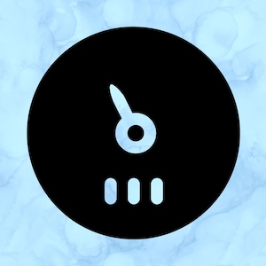 May include: A black circular sticker featuring a white gauge design. The gauge has a needle pointing upwards and three vertical bars at the bottom. The background is a light blue watercolor effect.