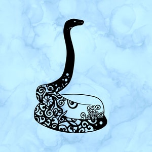 May include: Black and white silhouette of a snake with intricate floral patterns on its body. The snake is curled up in a circle with its head raised.
