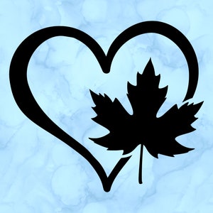 May include: Black silhouette of a maple leaf inside a heart shape.