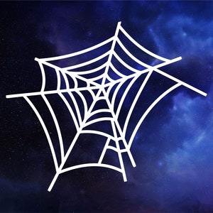 May include: A white spider web against a dark blue starry sky background.