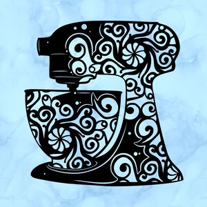 May include: Black stand mixer sticker with intricate swirling and floral patterns. The sticker features a detailed design of a kitchen stand mixer, perfect for baking enthusiasts. The sticker is set against a light blue background.